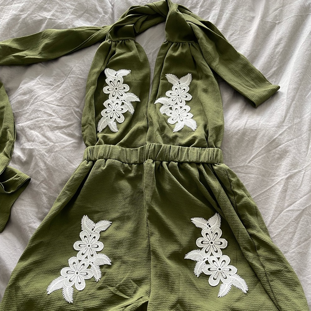 shein green open back romper with wrap around tie